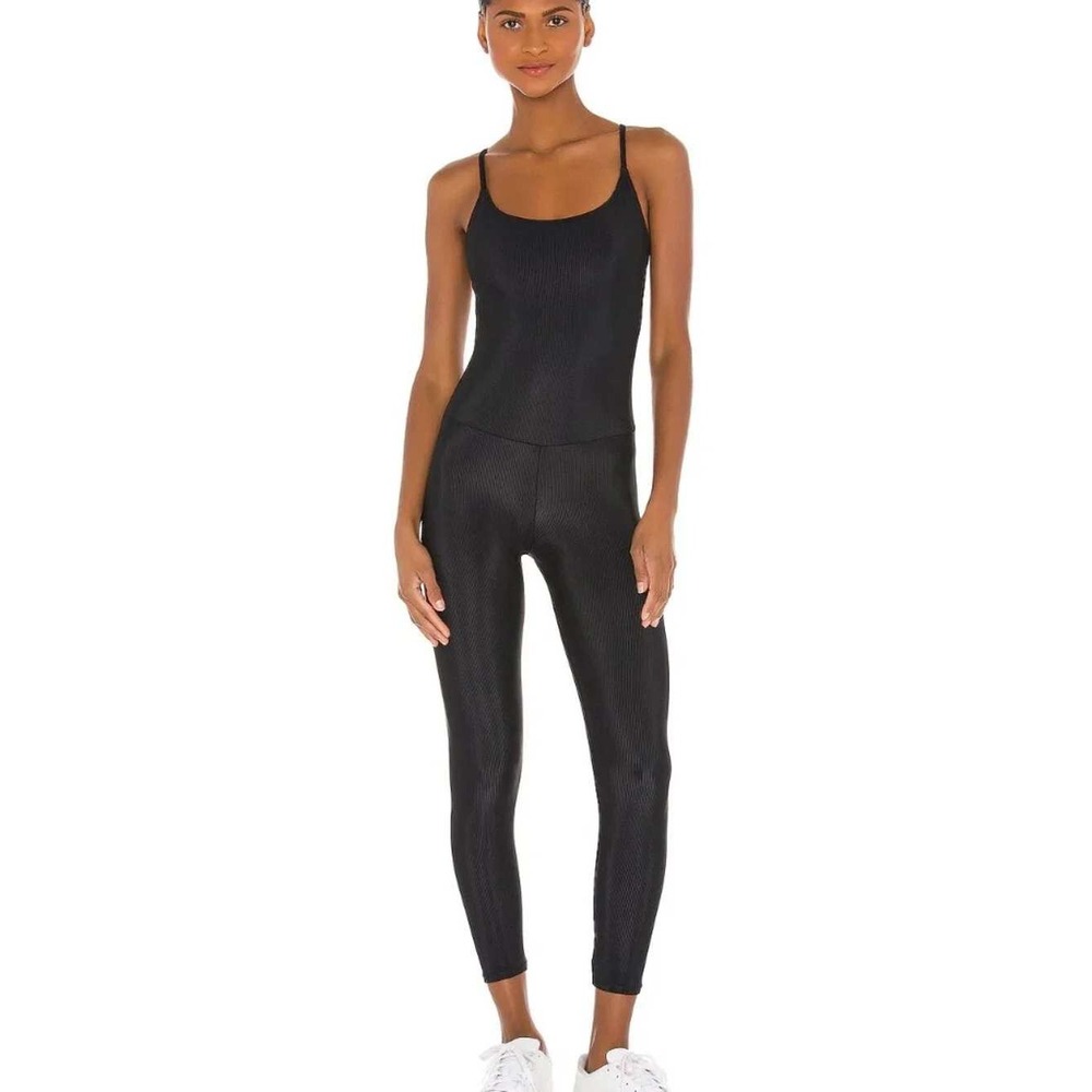 Onzie Long Rib Leotard Women S/M Black Spaghetti Strap Ribbed Athleisure Unitard